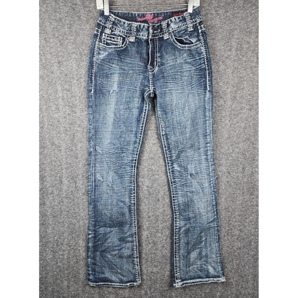 Rock and Roll Cowgirl Bootcut Jeans Womens 27x32 Blue Mid Rise Rhinestone Cross